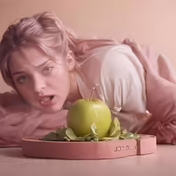 a girl laying on a table next to a fruit plate