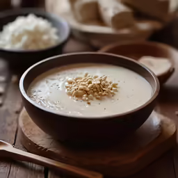a bowl of soup with a spoon on a table