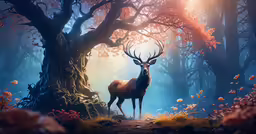 a deer is standing under a tree in the fog