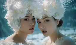two young ladies standing next to each other with white hair and flowers in their hair