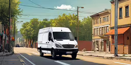 a white truck driving down a street next to tall buildings,a truck that is driving down the street