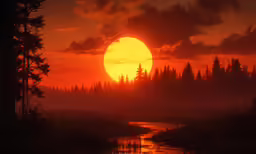the sun rising over the forest on a cloudy day