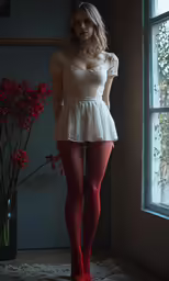 a woman in red stockings is looking at the window