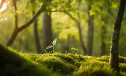 a forest with green moss and a sprout of a plant
