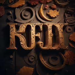 an old rusty gold sign with autumn leaves surrounding it