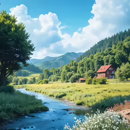 a small creek running through a lush green field