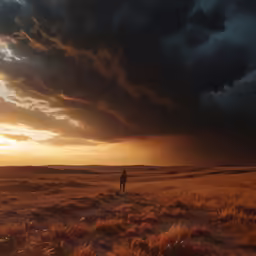 a lone man stands in the middle of an empty field while the sun breaks through a gray and orange cloud