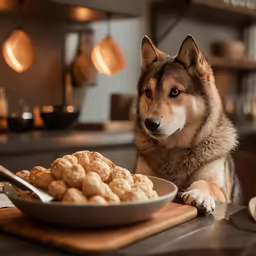 a dog that is sitting at the table with some food