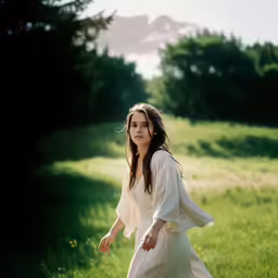 a young lady dressed in white running through an open field