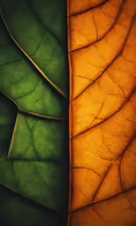 two photos of leaves in green and orange