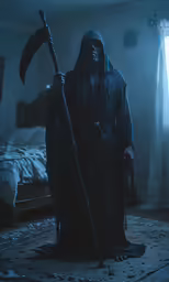 a man standing in a creepy looking room with a large knife and large ax