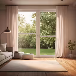 a living room with a lot of furniture and large windows
