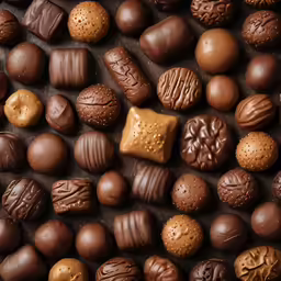 various chocolates, cookies and an orange are lying on the table