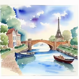 /tmp/FOOQYrKuQ.jpg = the water is reflecting the eiffel tower
,/tmp/FOOQYrKuQ.jpg = a painting of two boats near an old bridge
,/tmp/FOOQYrKuQ.jpg = a watercolor drawing of the eiffel tower and river in paris
,/tmp/FOOQYrKuQ.jpg = a painting of a bridge and a boat with boats on it
,/tmp/FOOQYrKuQ.jpg = a watercolor painting of a boat traveling under an bridge
,/tmp/FOOQYrKuQ.jpg = watercolor painting of a landscape with a bridge, boats and a building
,/tmp/FOOQYrKuQ.jpg = a drawing of the eiffel tower towering over the river seine
