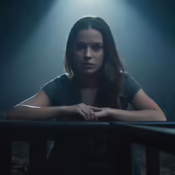a woman sitting at a table with the dark lighting on her