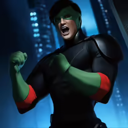 a male in a green and black outfit