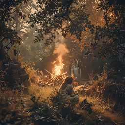 a person sitting on the grass near a bonfire