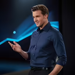 a man talking while standing next to a table