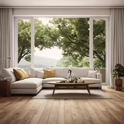 a modern living room with hardwood floors, a sectional couch and a coffee table