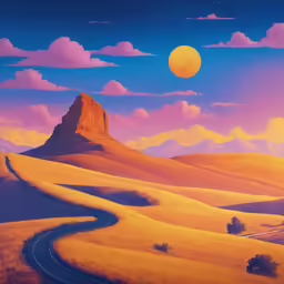 an image of a colorful desert landscape with road going through