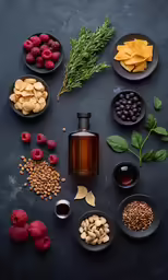 fruit, nuts and herbs are arranged around the bottles