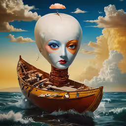 a surreal face painted as a head in a boat in the water,a painting of a woman wearing a face mask in a boat