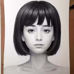 a woman with a black and white haircut looking over her shoulder