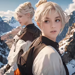 two females from a video game are photographed in the mountains