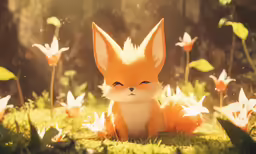 an animated fox sitting in the grass surrounded by flowers