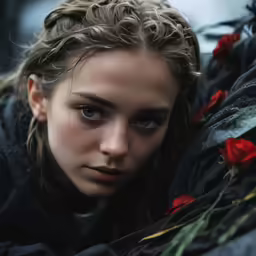 a woman with long blonde hair sitting next to a flower