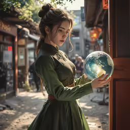 woman holding an earth globe in hand on the street