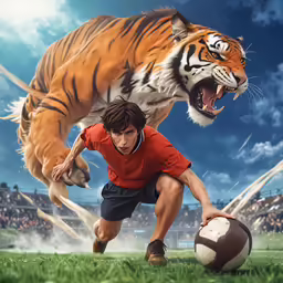 man chasing large football while tiger runs across field