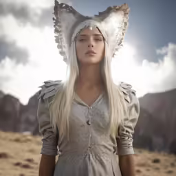 a lady with long white hair and big horns