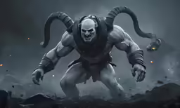 a demonic character is walking through the darkness