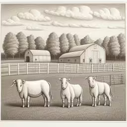 an engraving drawing of sheep and farm,sheep are standing in a field near a barn