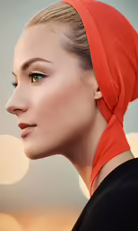 a woman with a red head scarf on