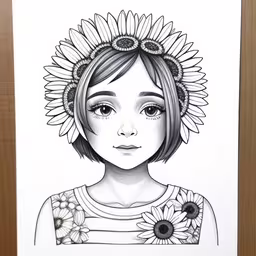 a black and white drawing of a woman with flowers in her hair,a drawing of a girl
