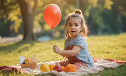 a child sits on a blanket, holding a balloon