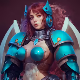 a female robot fighter with pink hair and armor