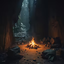 the light shines brightly on a trail with a fire lit in it