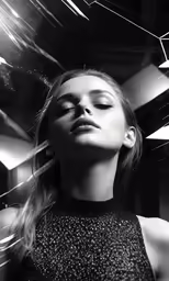 a woman is posing with bright lights in the background