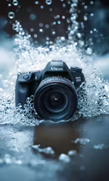 a black digital camera and a blue background