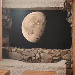 a photo of a full moon seen through an old wall