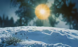 a snow covered hill with the sun in the sky
