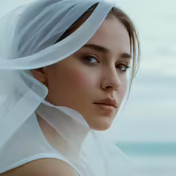 a beautiful blonde woman wearing veil by the water