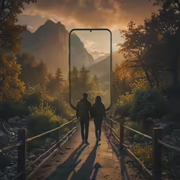 two people walk across a bridge toward mountains and trees with their back to the camera