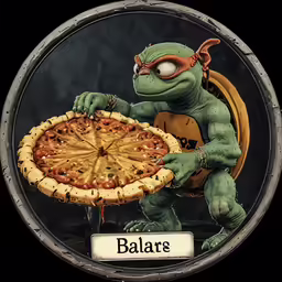 an image of a pizza made to look like a teenaged ninja turtle