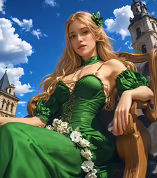 woman in green dress sitting on wooden chair near castle