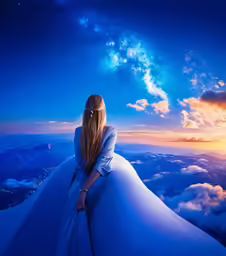 a woman sitting on top of a snow covered hillside looking at the night sky