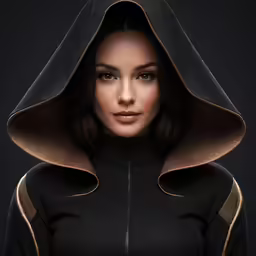 a woman in black and gold hoodie with an open - mouthed black top